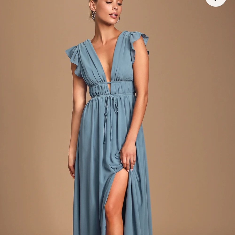 Lulu’s I’m All Yours Slate Blue Ruffled Maxi Dress